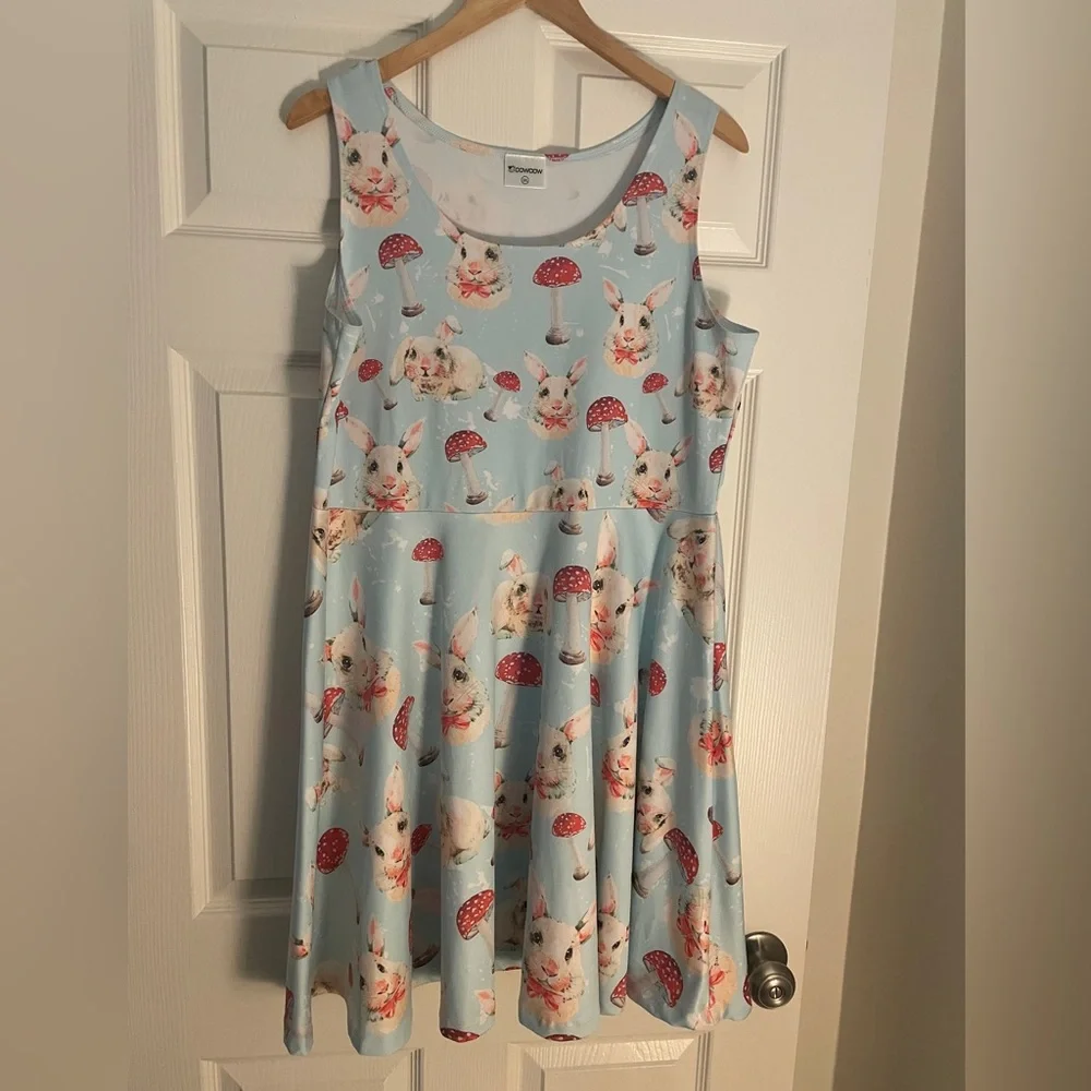 Blue Dress with Bunny and Mushroom Print - Picture 1 of 5